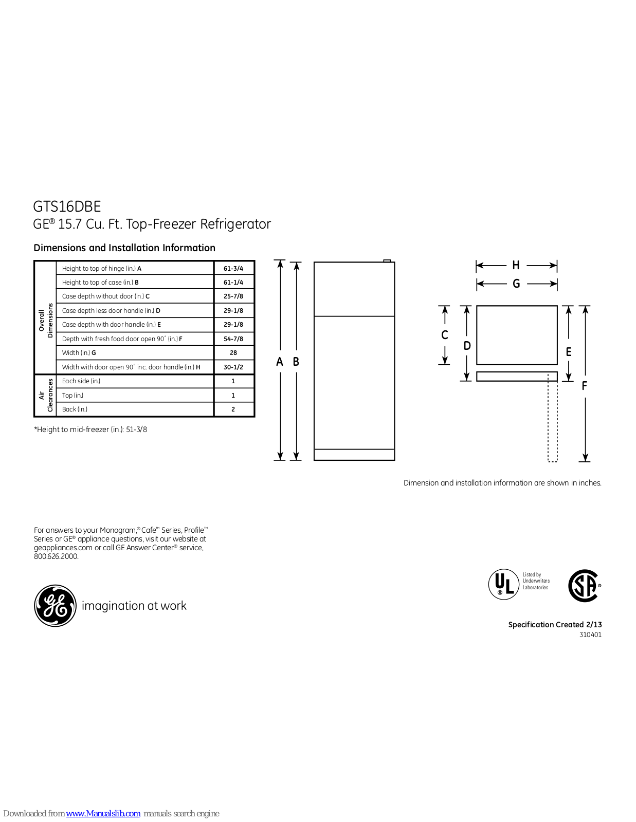 GE GTS16DBELWW, GTS16DBERWW, GTS16DBERCC, GTS16DBE Dimensions And Installation Information