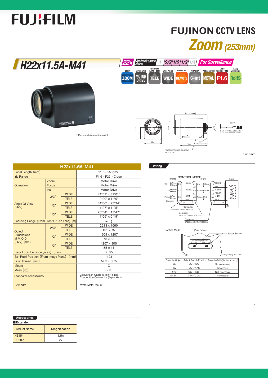 Fujinon H22x11.5A-M41 Specsheet