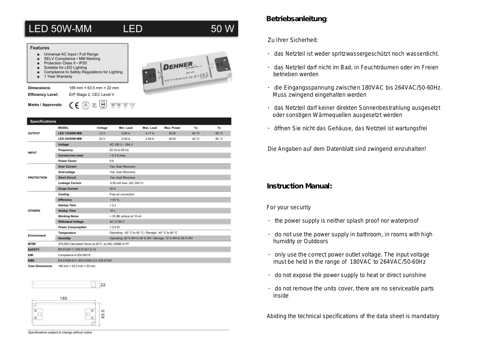 Dehner Elektronik LED 50W-MM Data Sheet