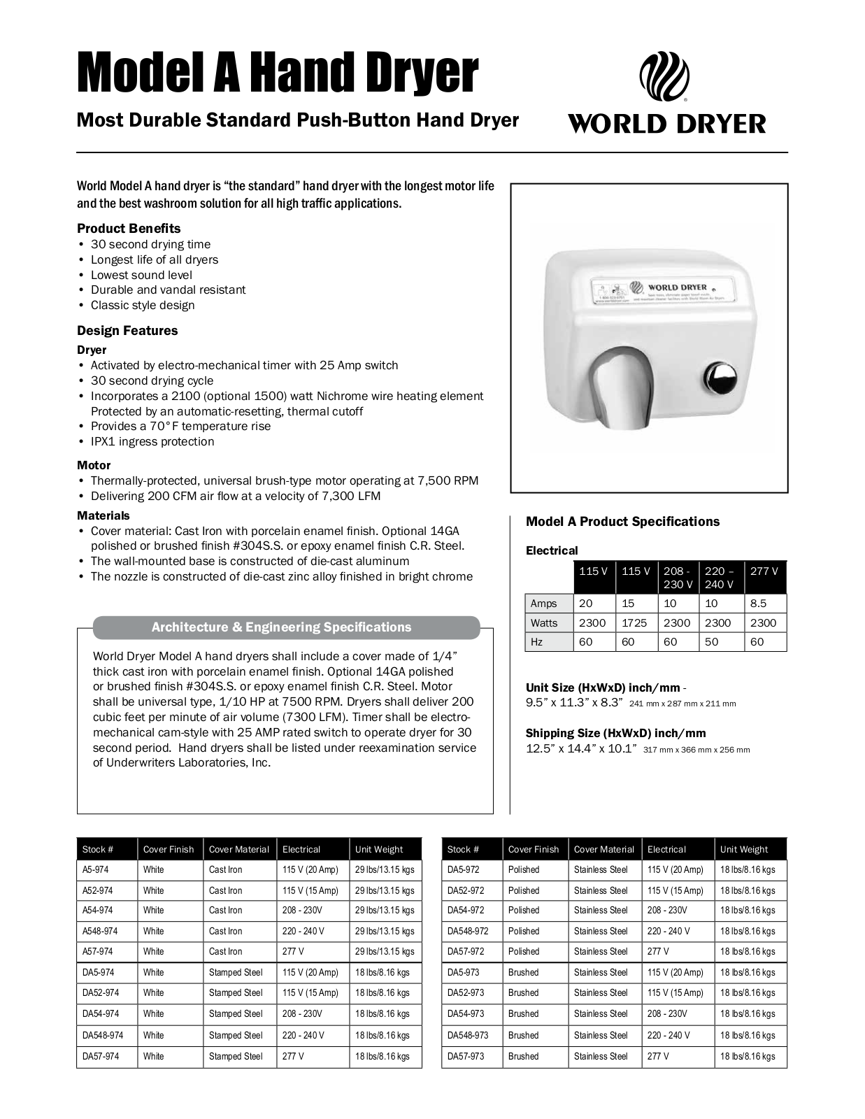 World Dryer A Hand Dryer User Manual