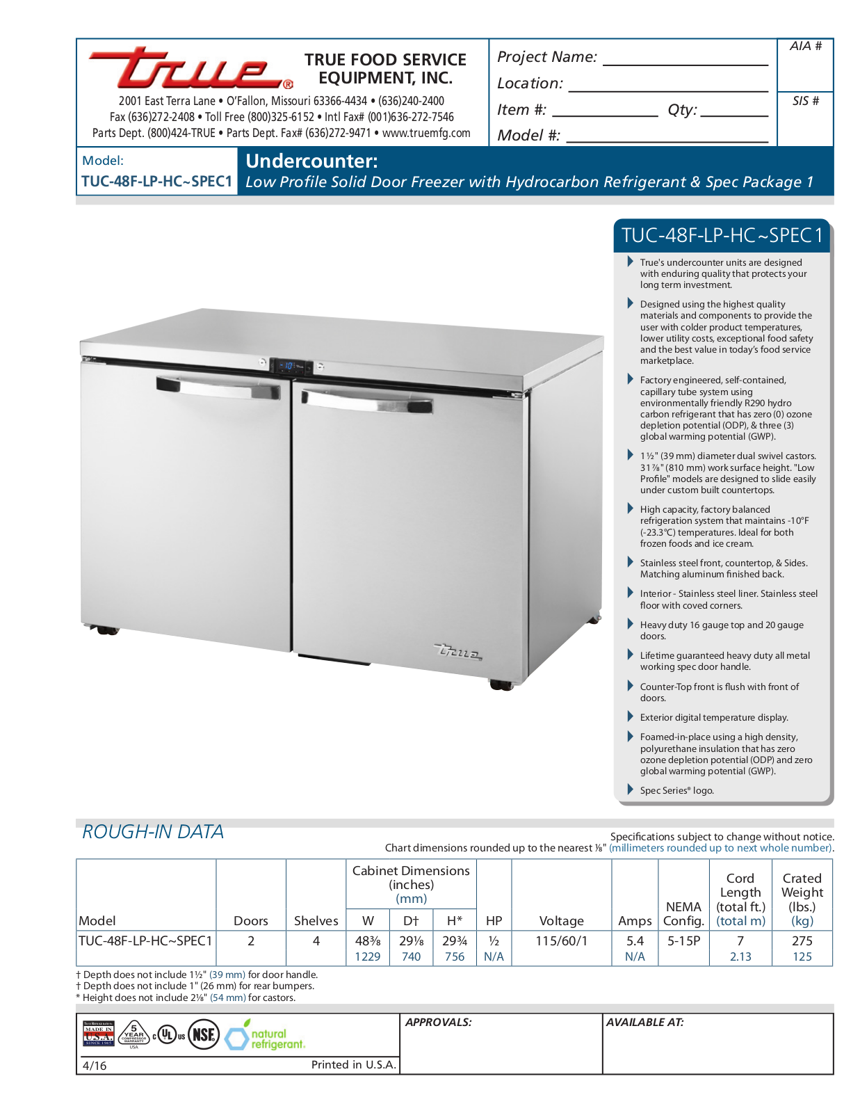 True TUC-48F-LP-HC User Manual