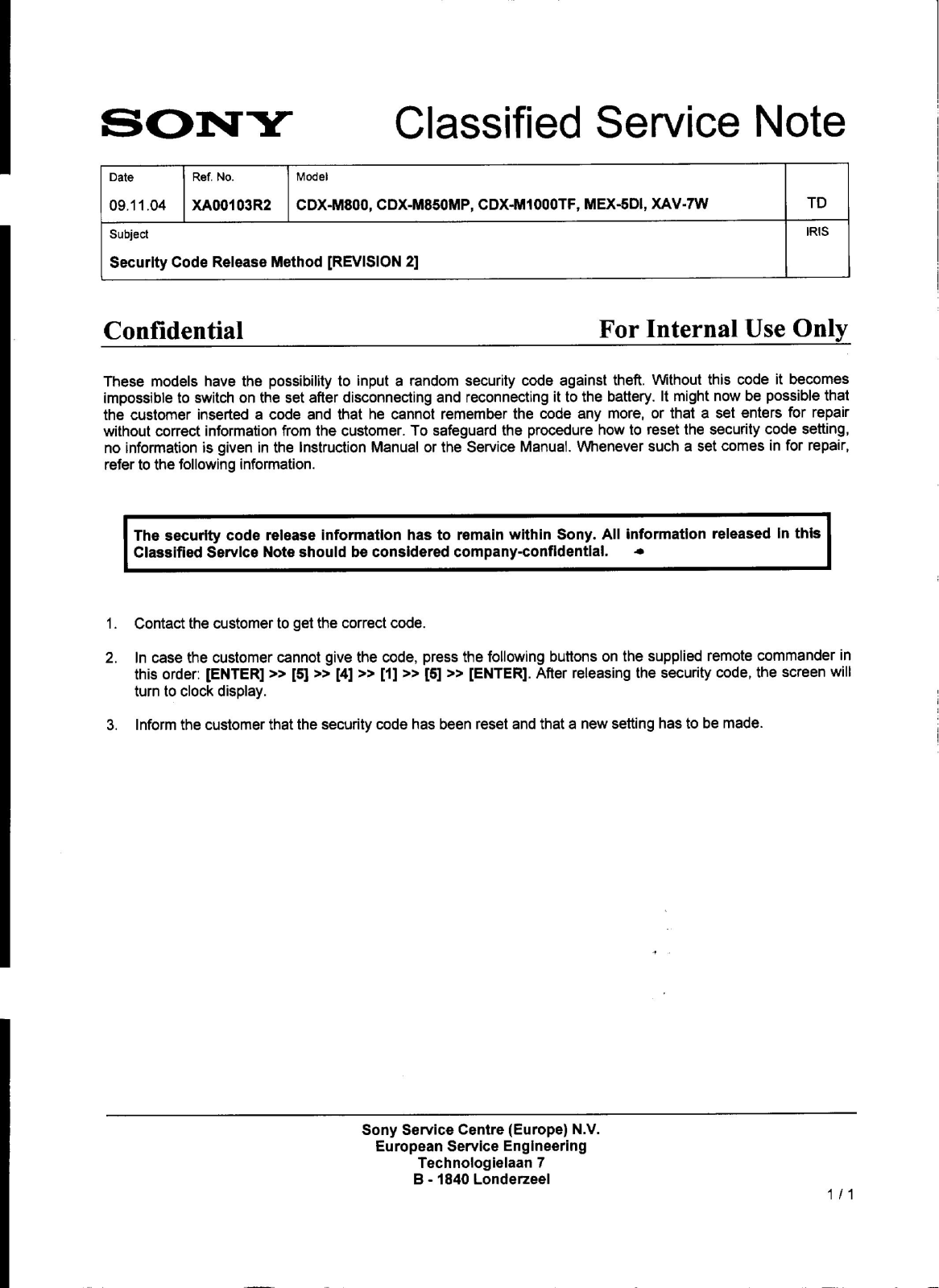 SONY Cdx-m800, Cdx-m850, Cdx-m1000 Service Note