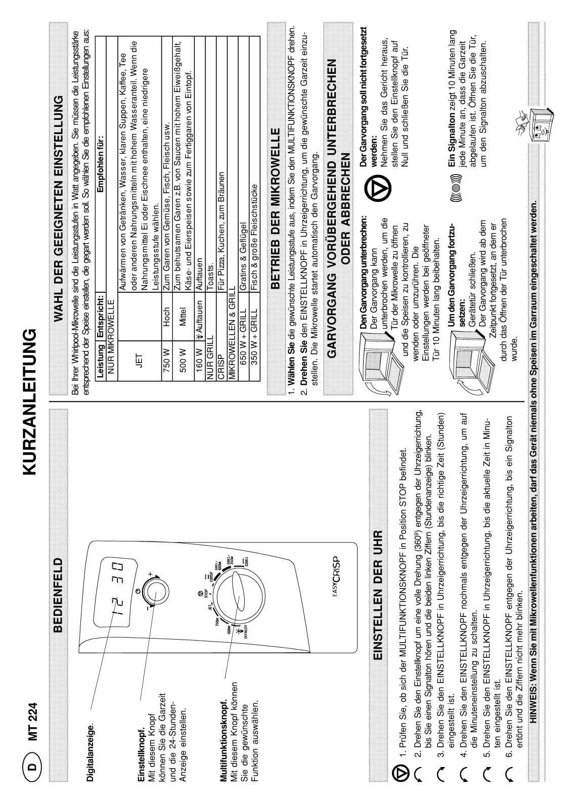 Whirlpool MT 224/BL, MT 224/YELLOW, MT 224/WH INSTRUCTION FOR USE