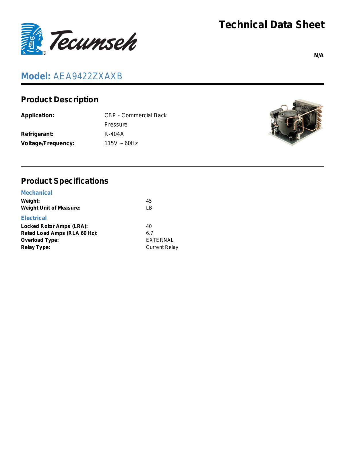 Tecumseh AEA9422ZXAXB Technical Data Sheet