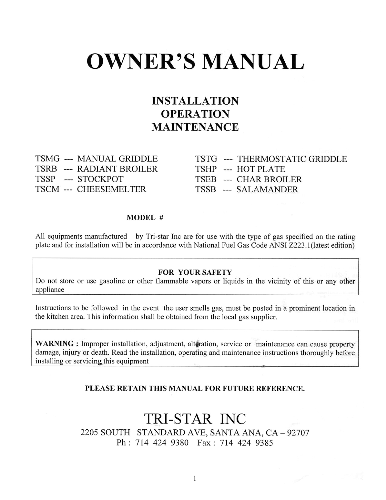 Tri-Star TSCM-24 Installation  Manual