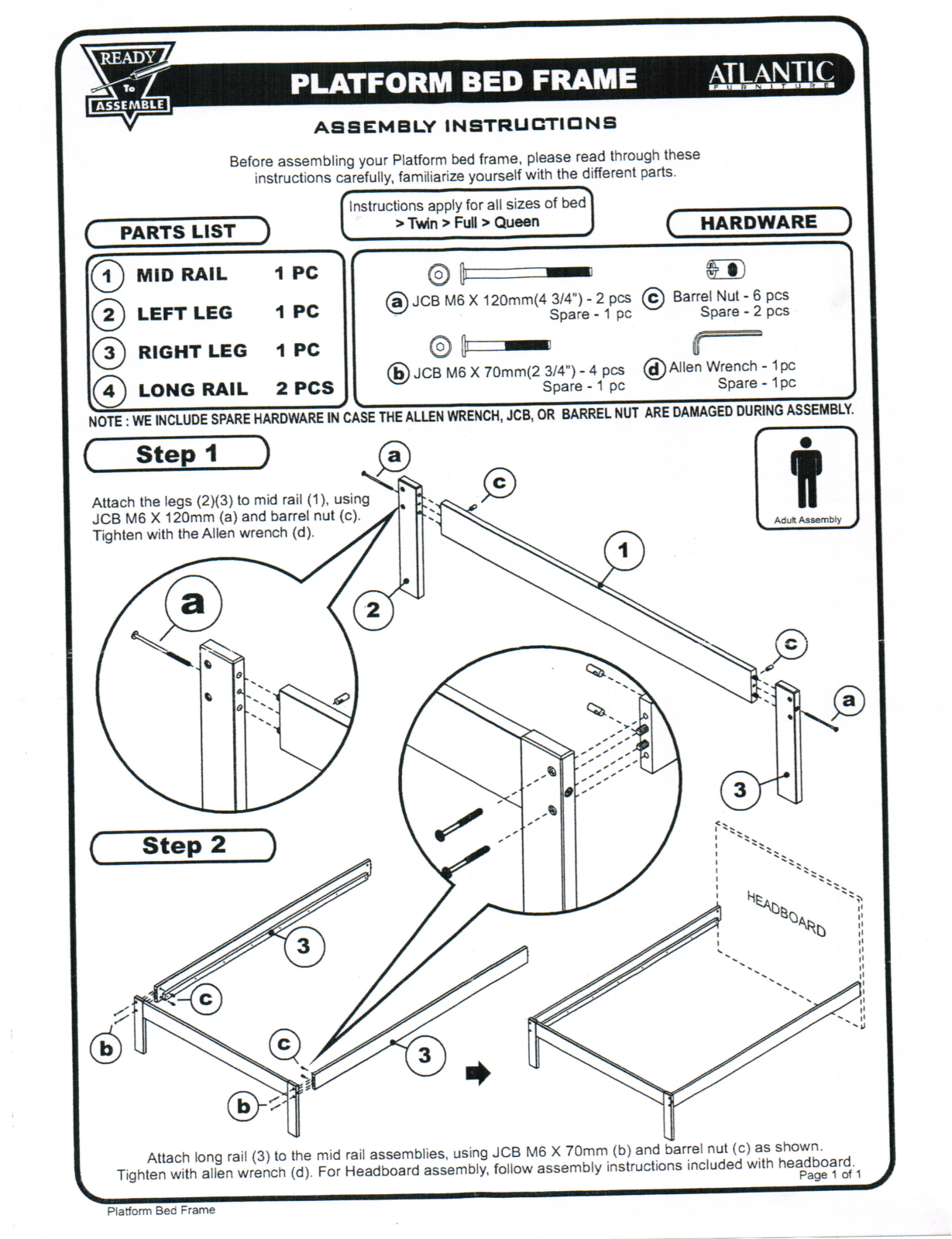 Atlantic Furniture R181822, R181824, R181821 User Manual