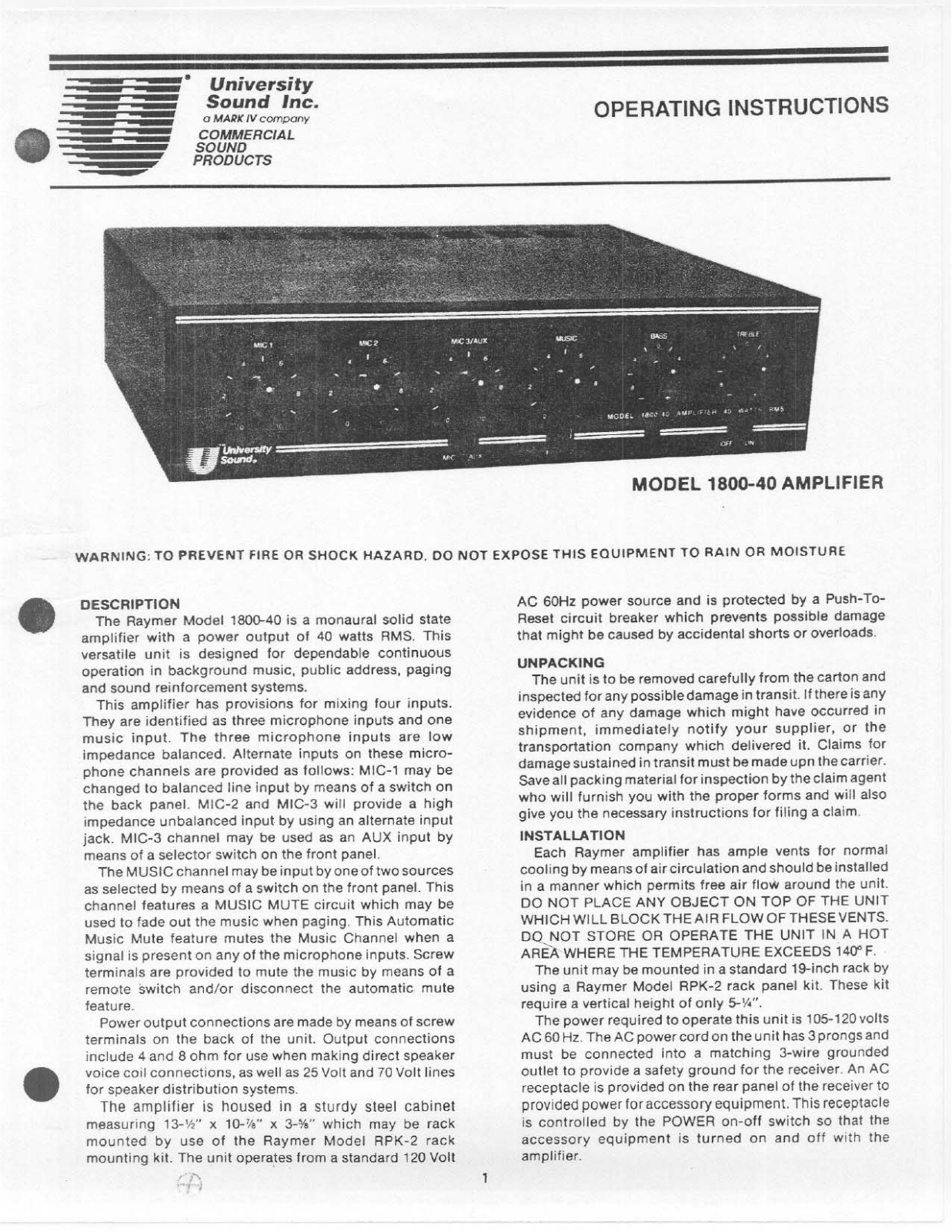 Telex 1800-40 User Manual