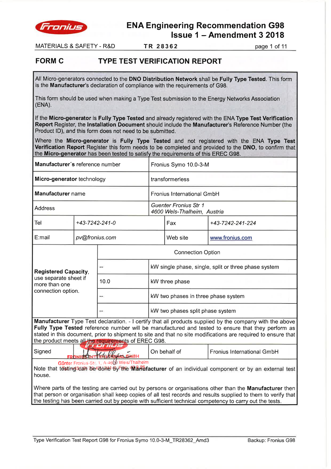 Fronius Type verification test sheet G98-2 Fronius Symo 10.0-3-M Certificate