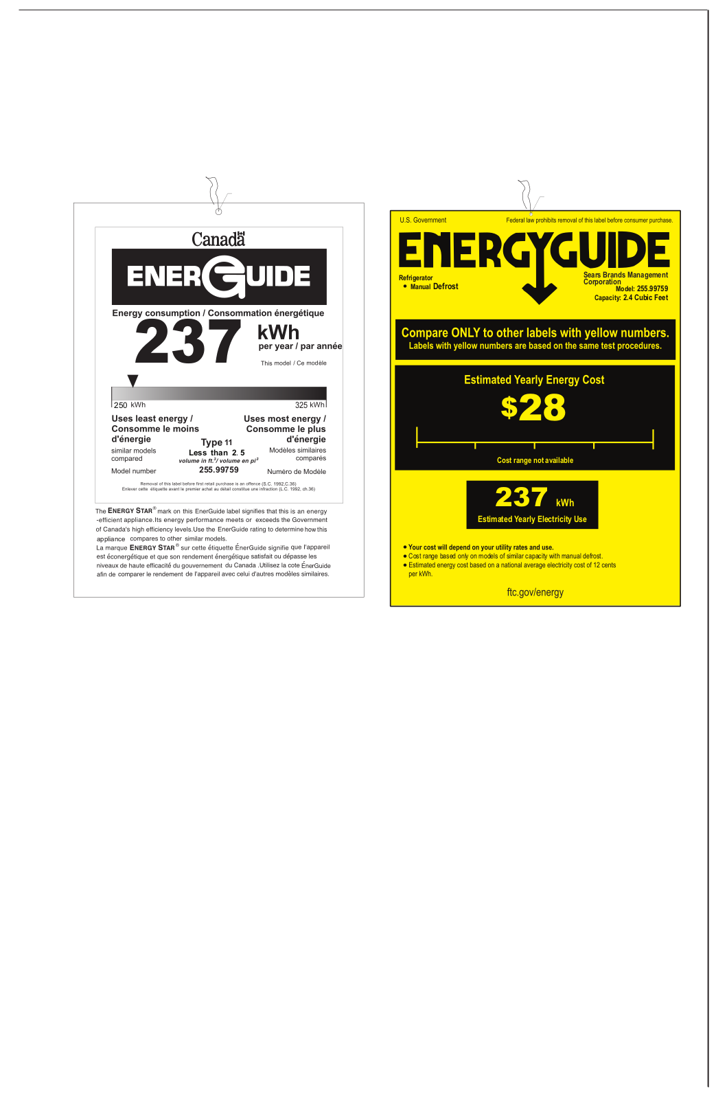 Kenmore 2.4 cu. ft. Compact Refrigerator Energy Guide