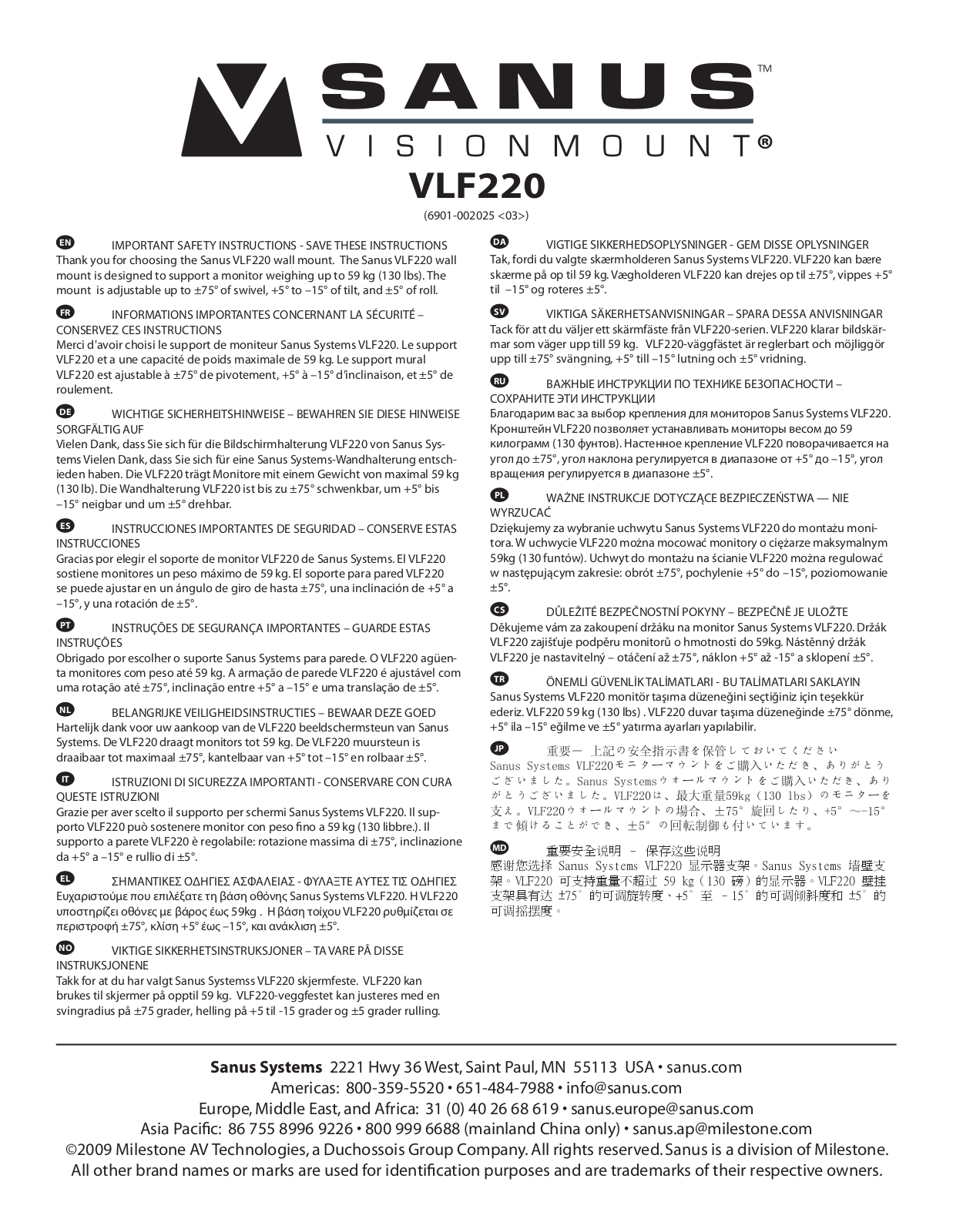 Sanus Systems VLF220 User Manual