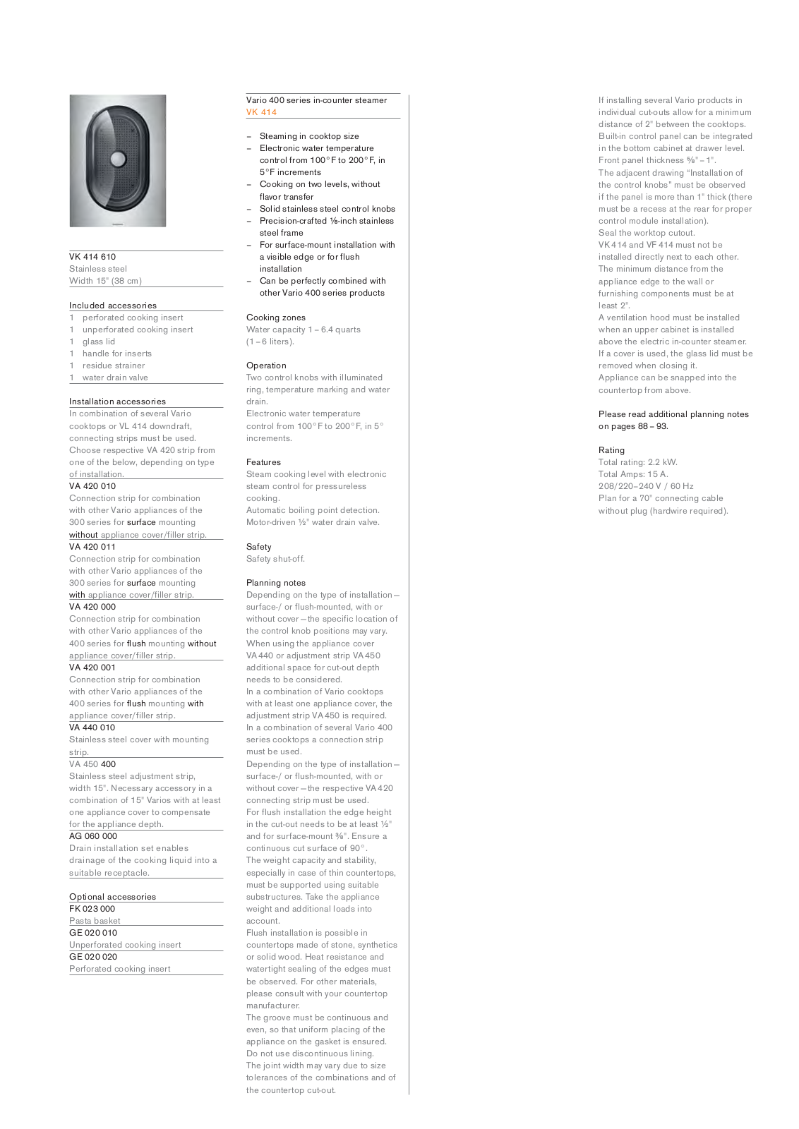 Gaggenau VK414610 Product specification sheet