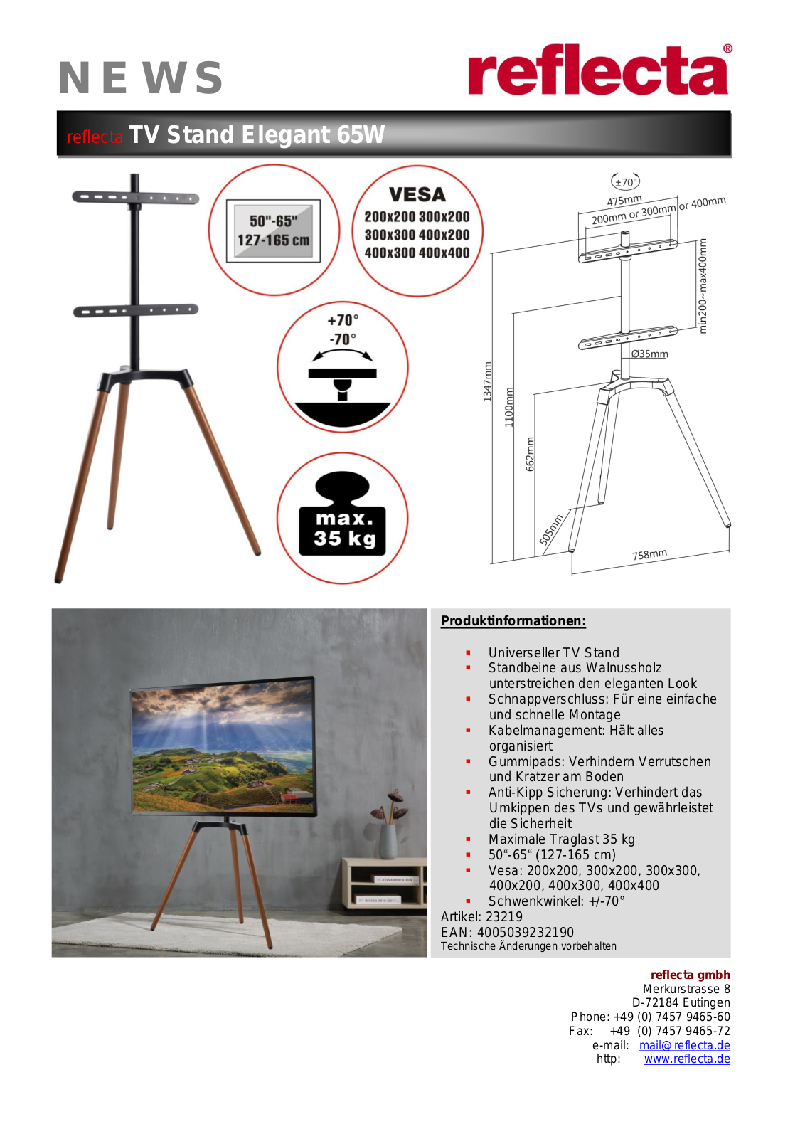 Reflecta TV Stand Elegant 65W User Manual