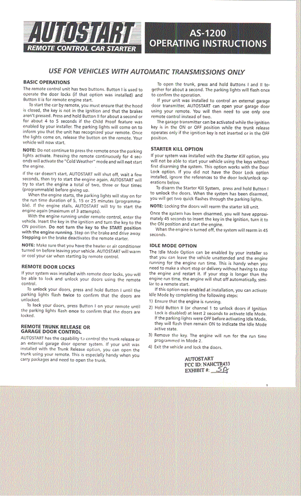 Autostart CTR433 Instruction Manual