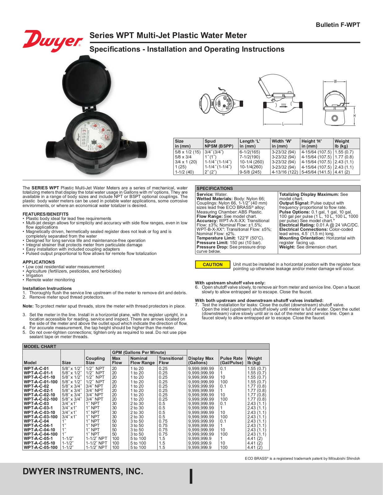 Dwyer Instruments Series WPT Installation and Operating Instructions