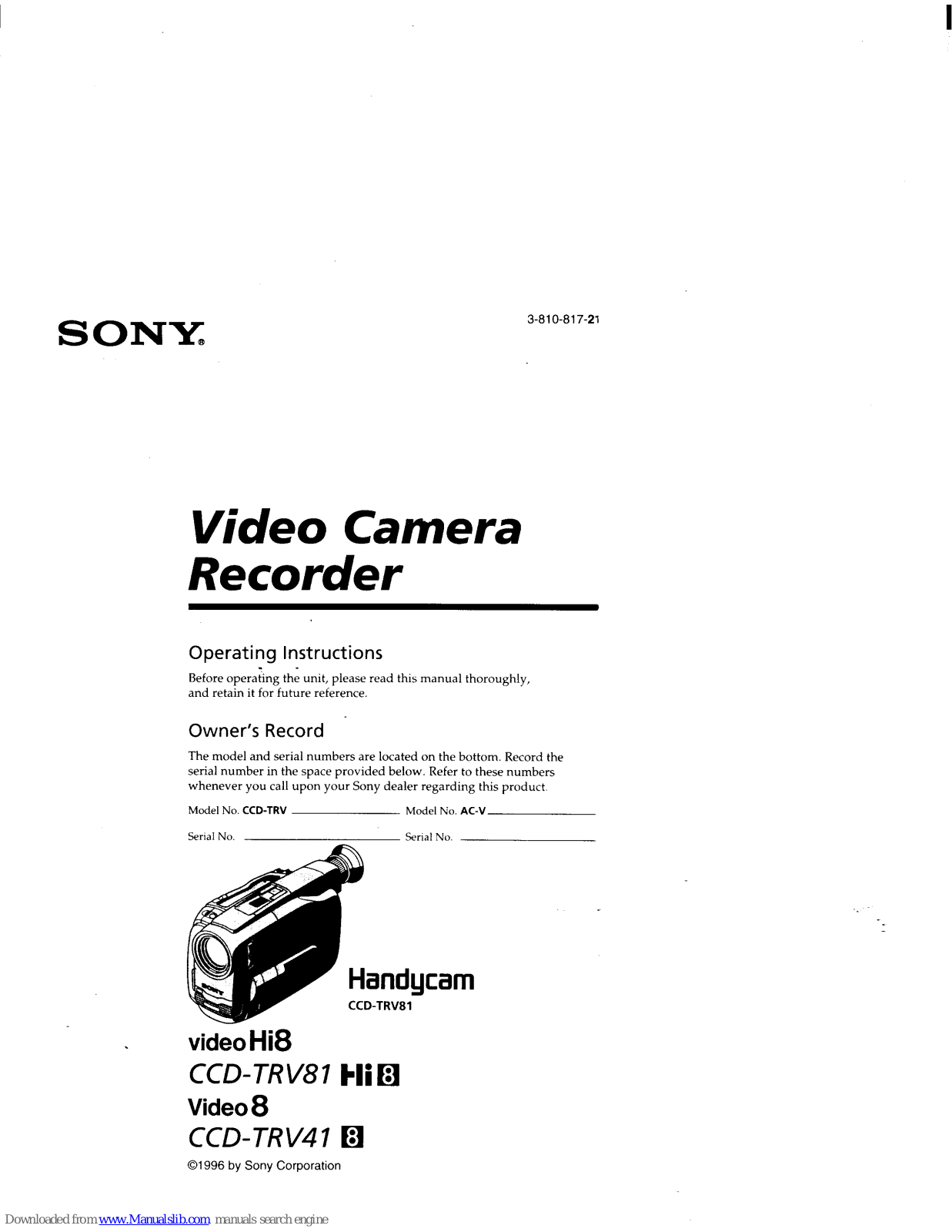 Sony Handycam CCD-TRV41, Handycam CCD-TRV81 Operating Instructions Manual