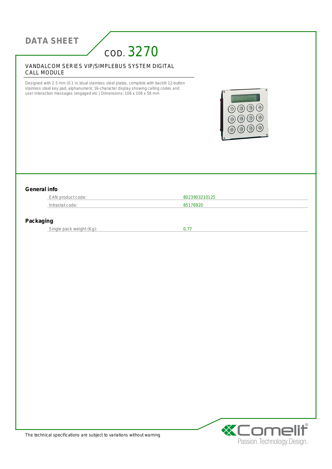 Comelit 3270 Specsheet