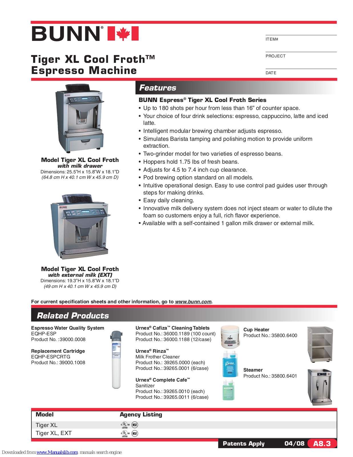 Bunn Tiger EXT, Tiger XL Cool Froth, Tiger XL Cool Froth EXT Specifications