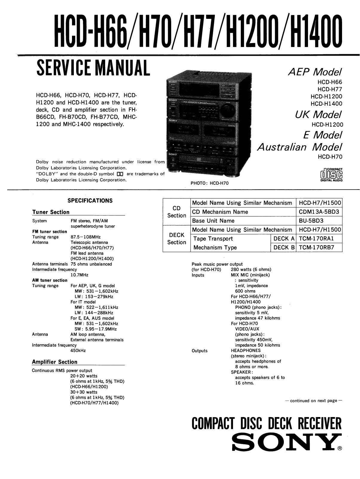 Sony HCDH-1400 Service manual