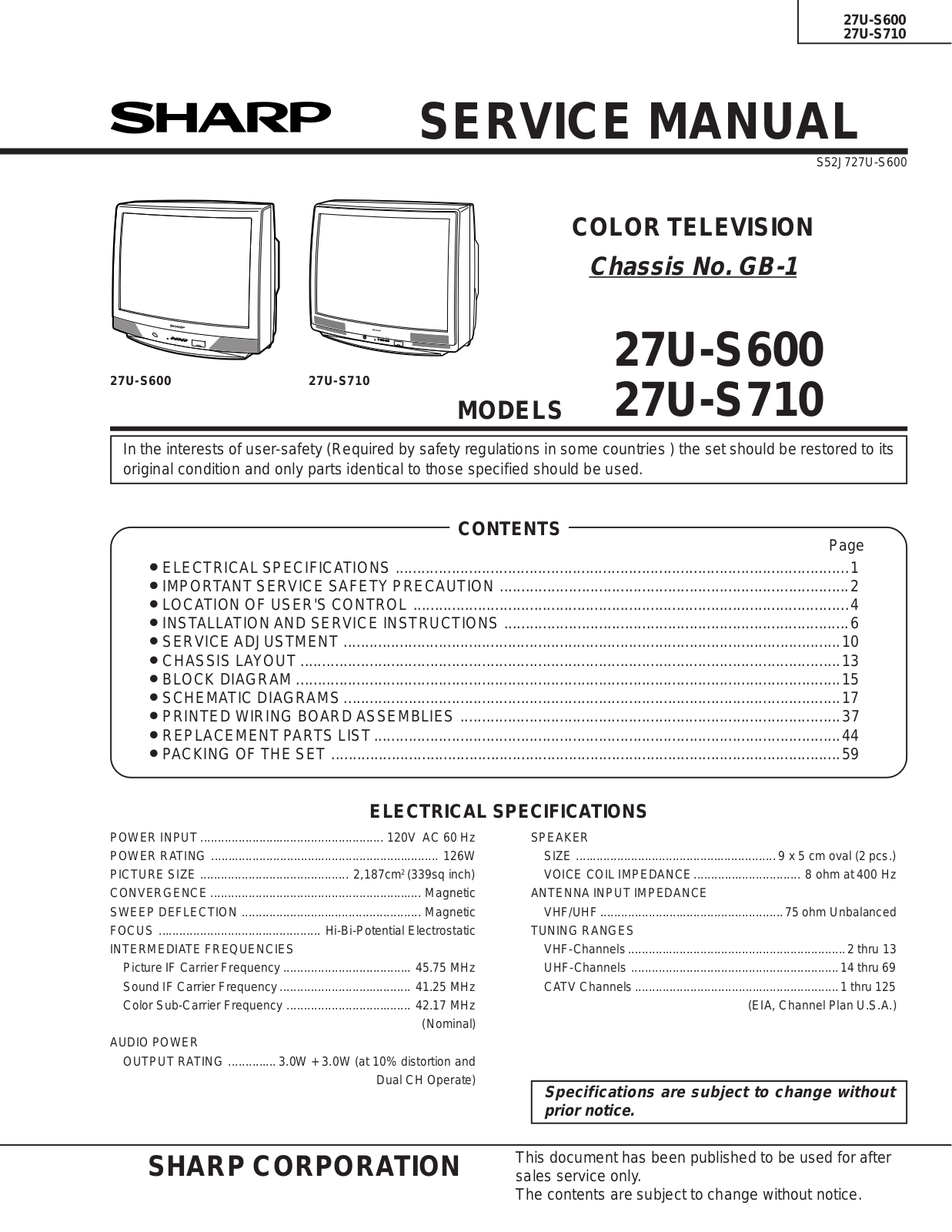 SHARP 27US600, US710 Service Manual
