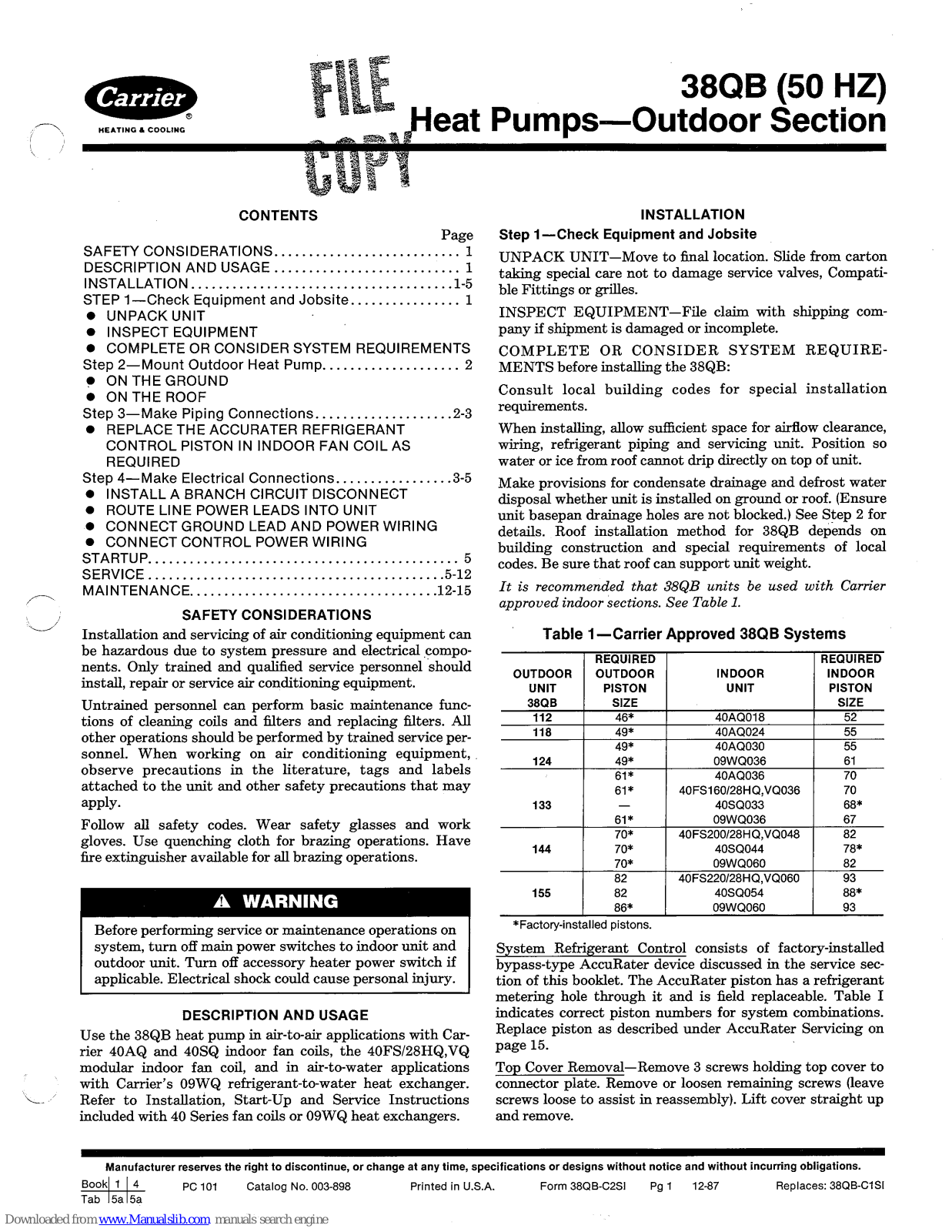 Carrier 38QB, 38QB112, 38QB118, 38QB124, 38QB133 Installation Manual