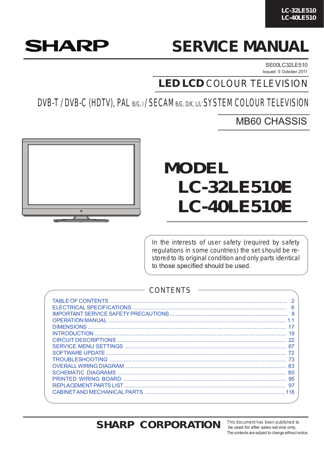 SHARP LC-32LE510, LC-40LE510E Service Manual