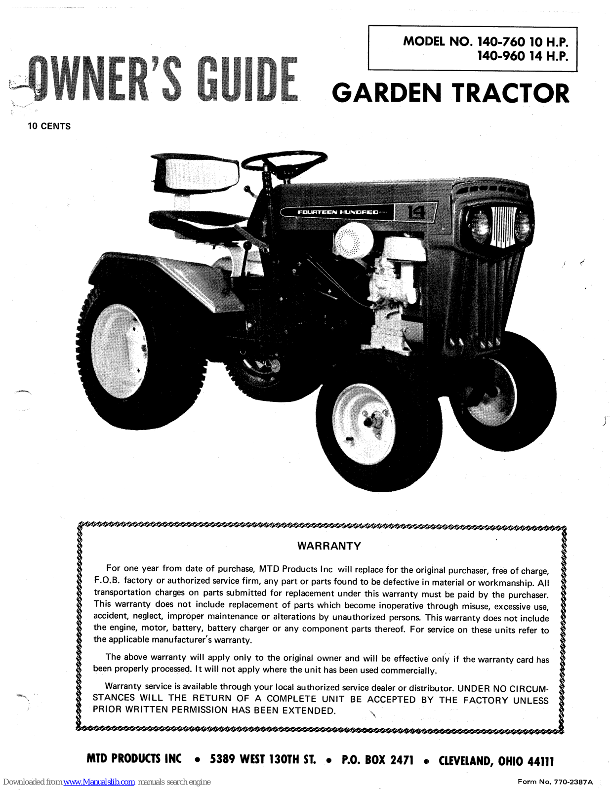 MTD 140-960 14 H.P., 140-760, 140-960 Owner's Manual