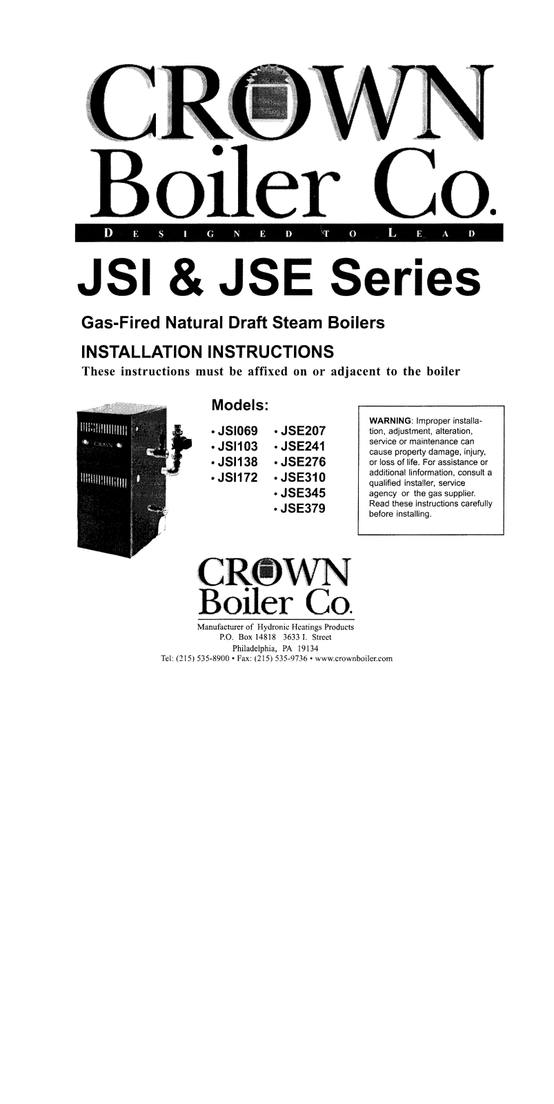 Crown Boiler JSI103, JSE345, JSI138, JSI069, JSE310 User Manual