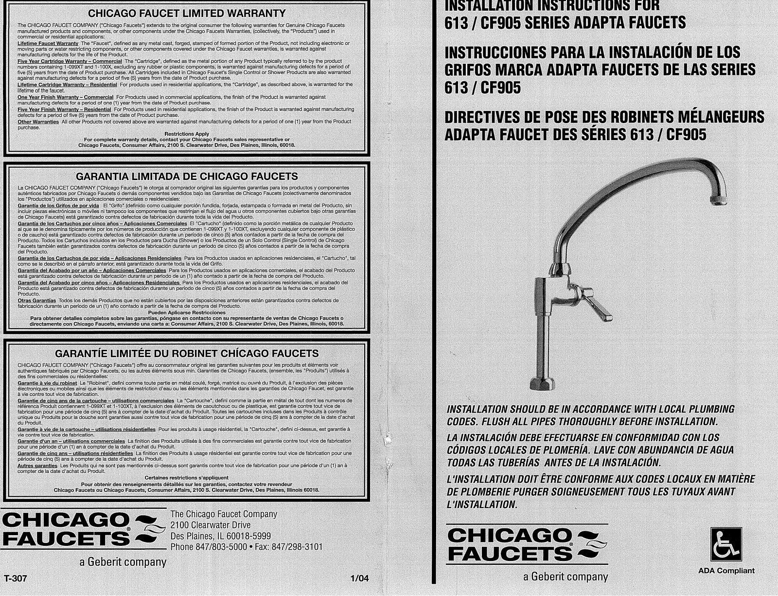 Chicago Faucet 613-CF905, 613-A Installation  Manual