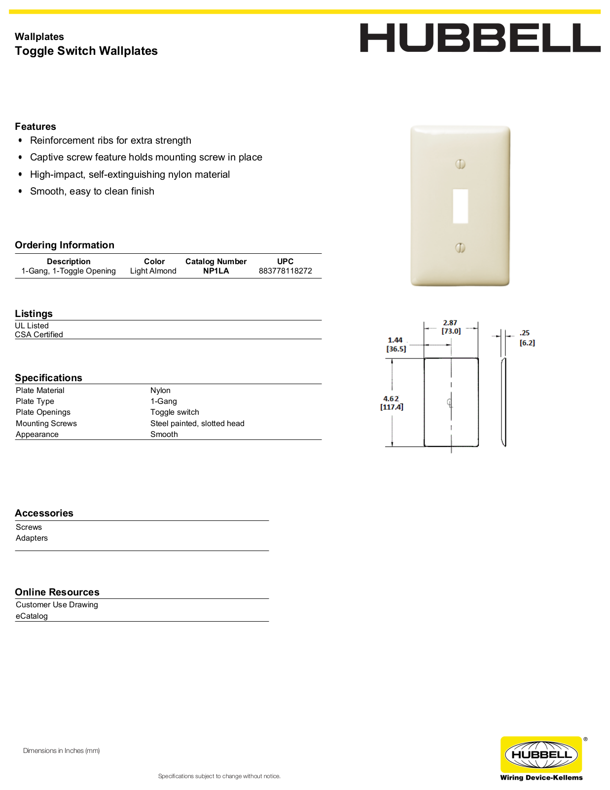 Hubbell NP1LA Specifications