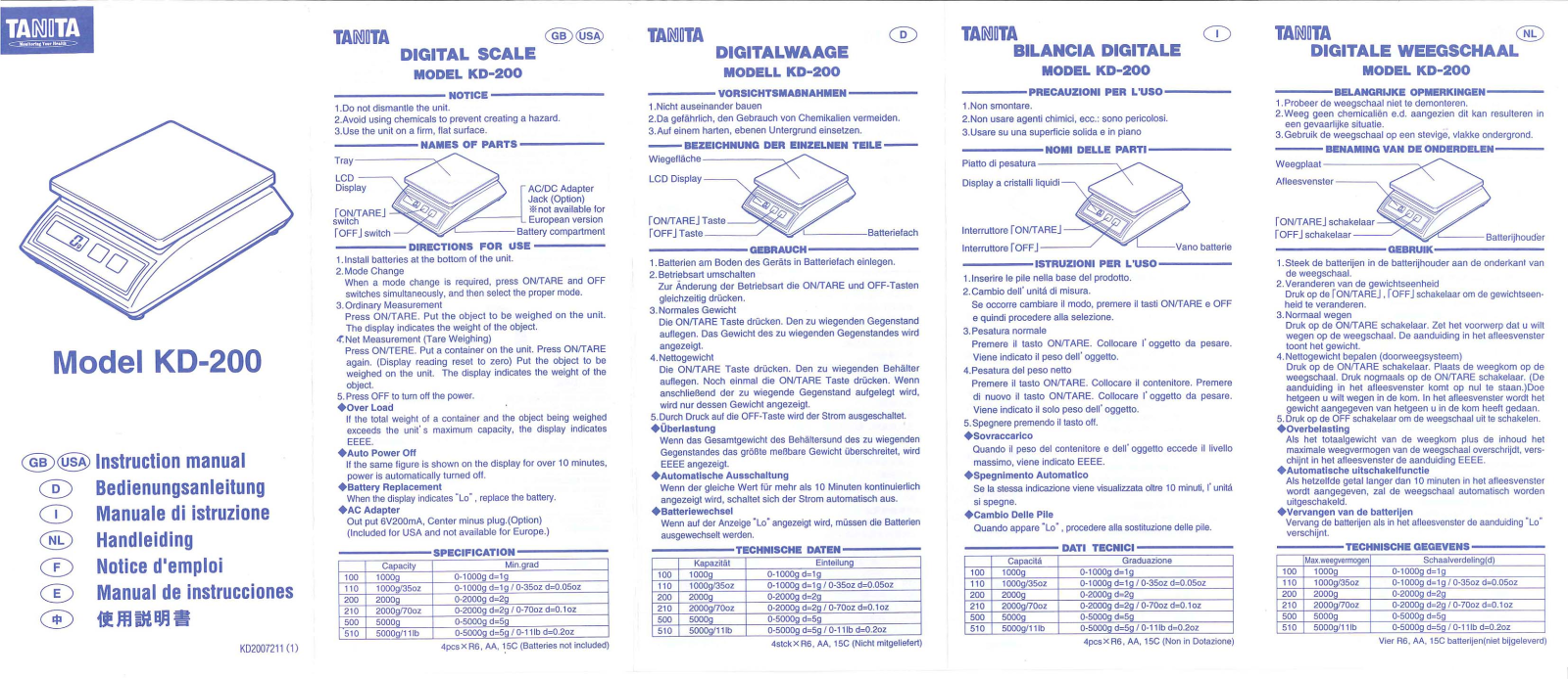 Tanita KD-200-510, KD-200-210, KD-200-110 Owner's Manual