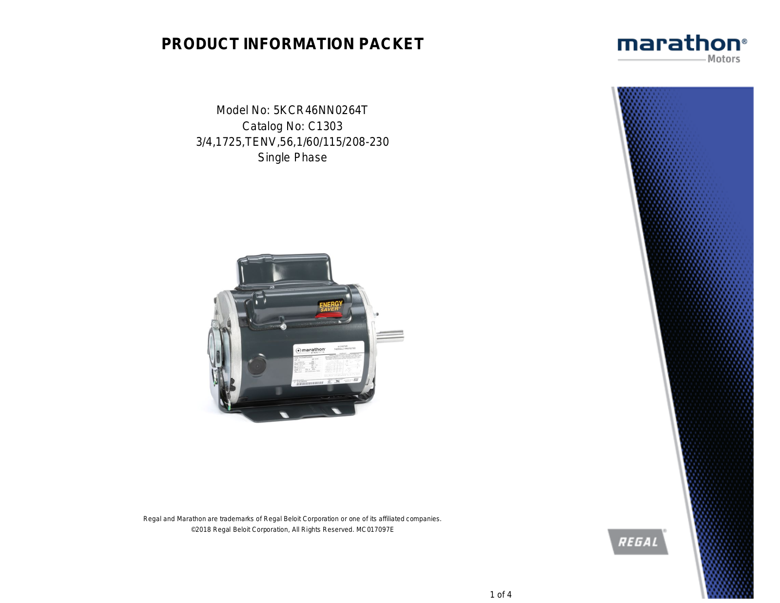 Marathon Electric 5KCR46NN0264T Product Information Packet