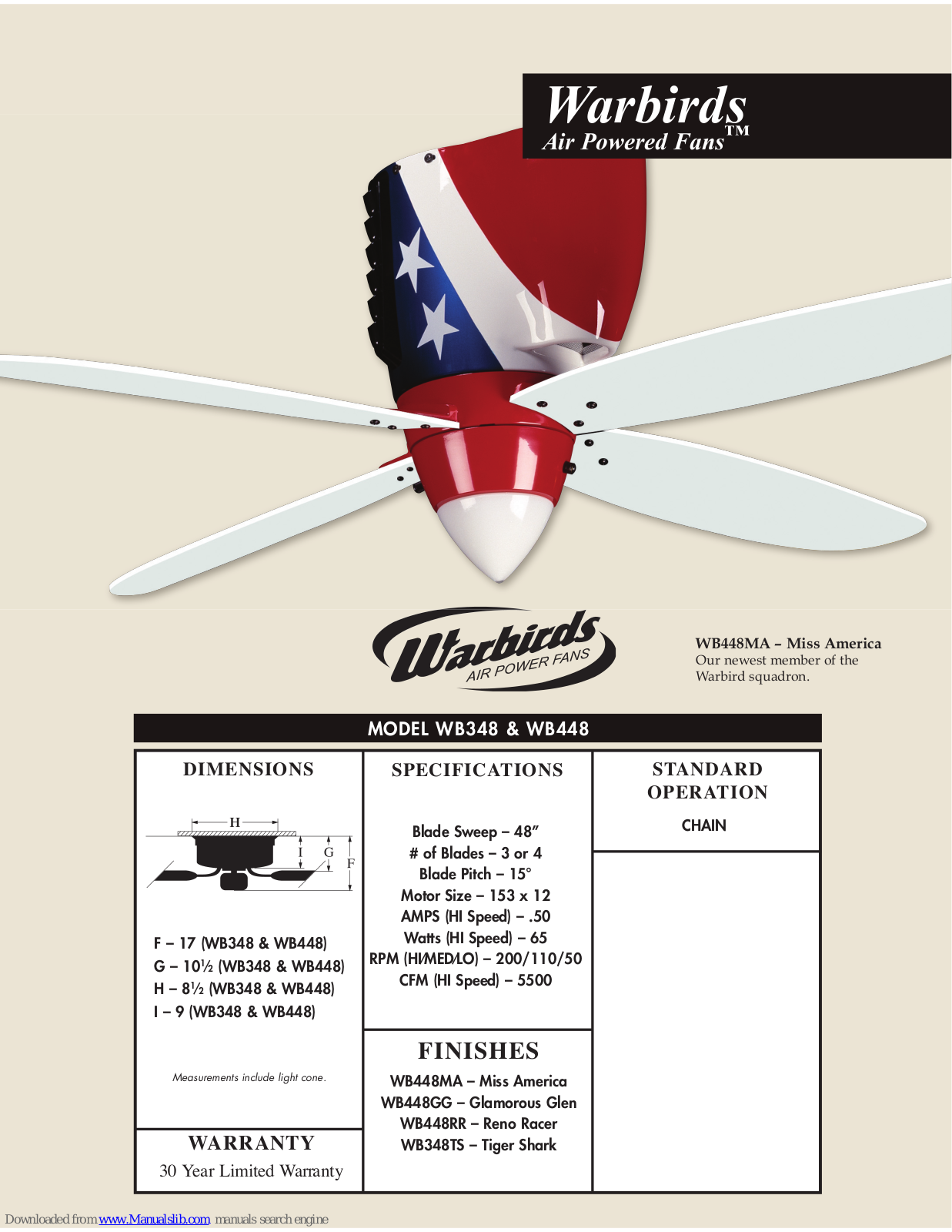Craftmade WB348TS, Warbirds WB448MA, Warbirds WB348, Warbirds WB448 Specifications - ManualMachine.com