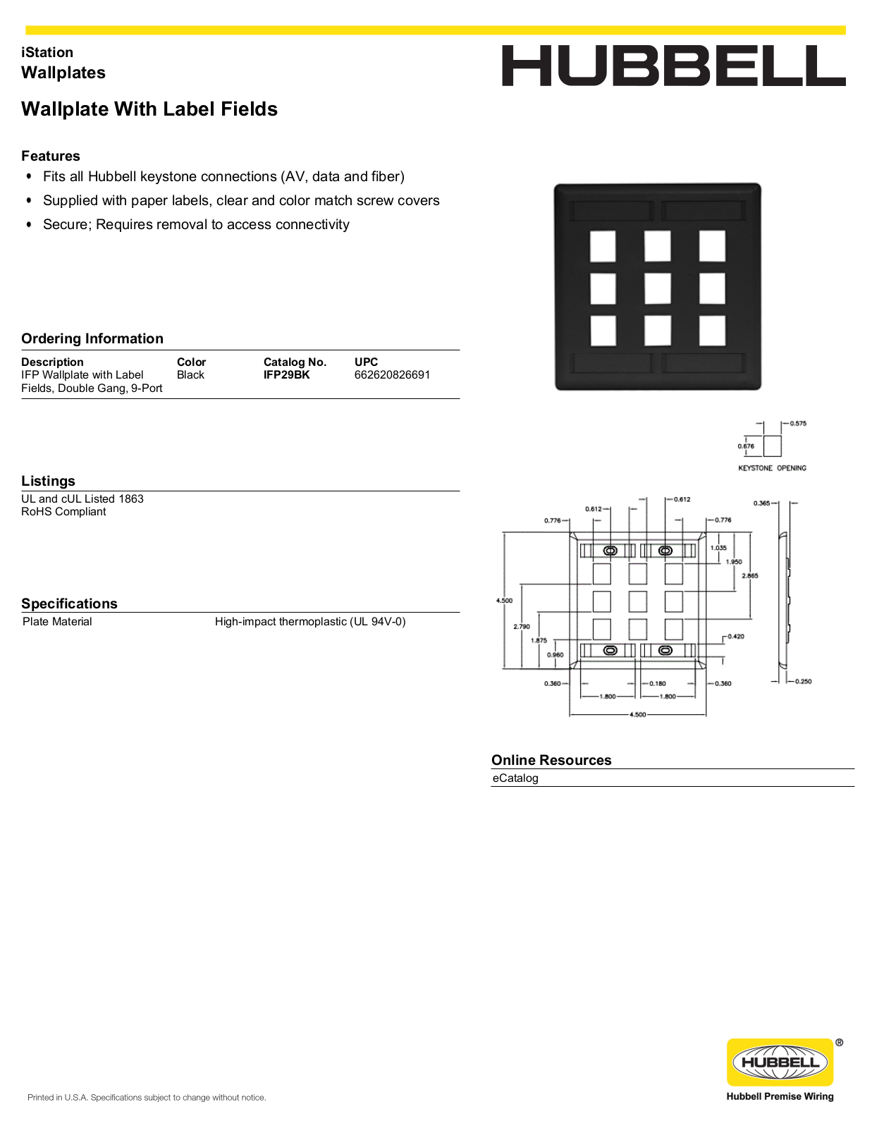 Hubbell IFP29BK Specifications