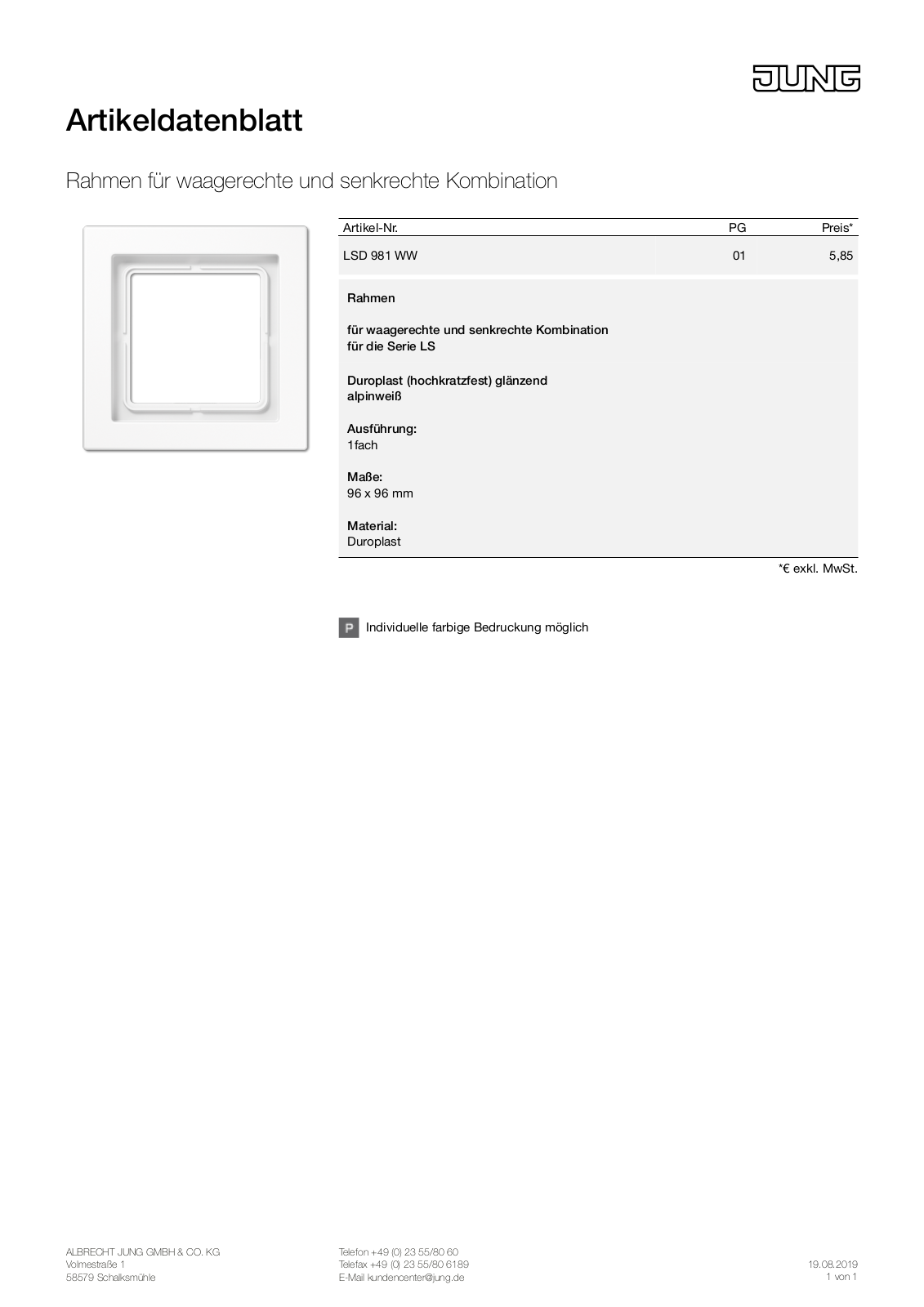 Jung LSD 981 WW Technical data