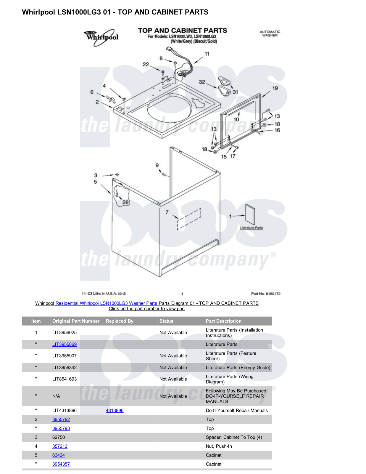 Whirlpool LSN1000LG3 Parts Diagram