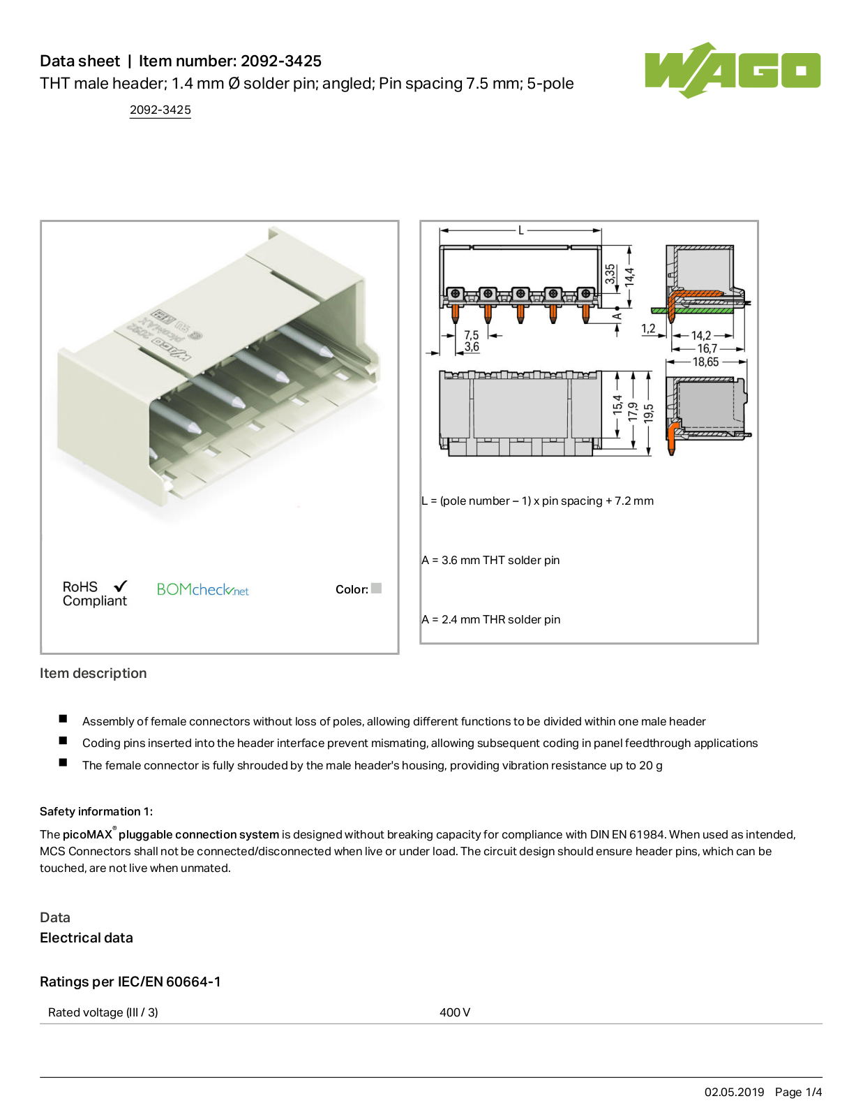 Wago 2092-3425 Data Sheet