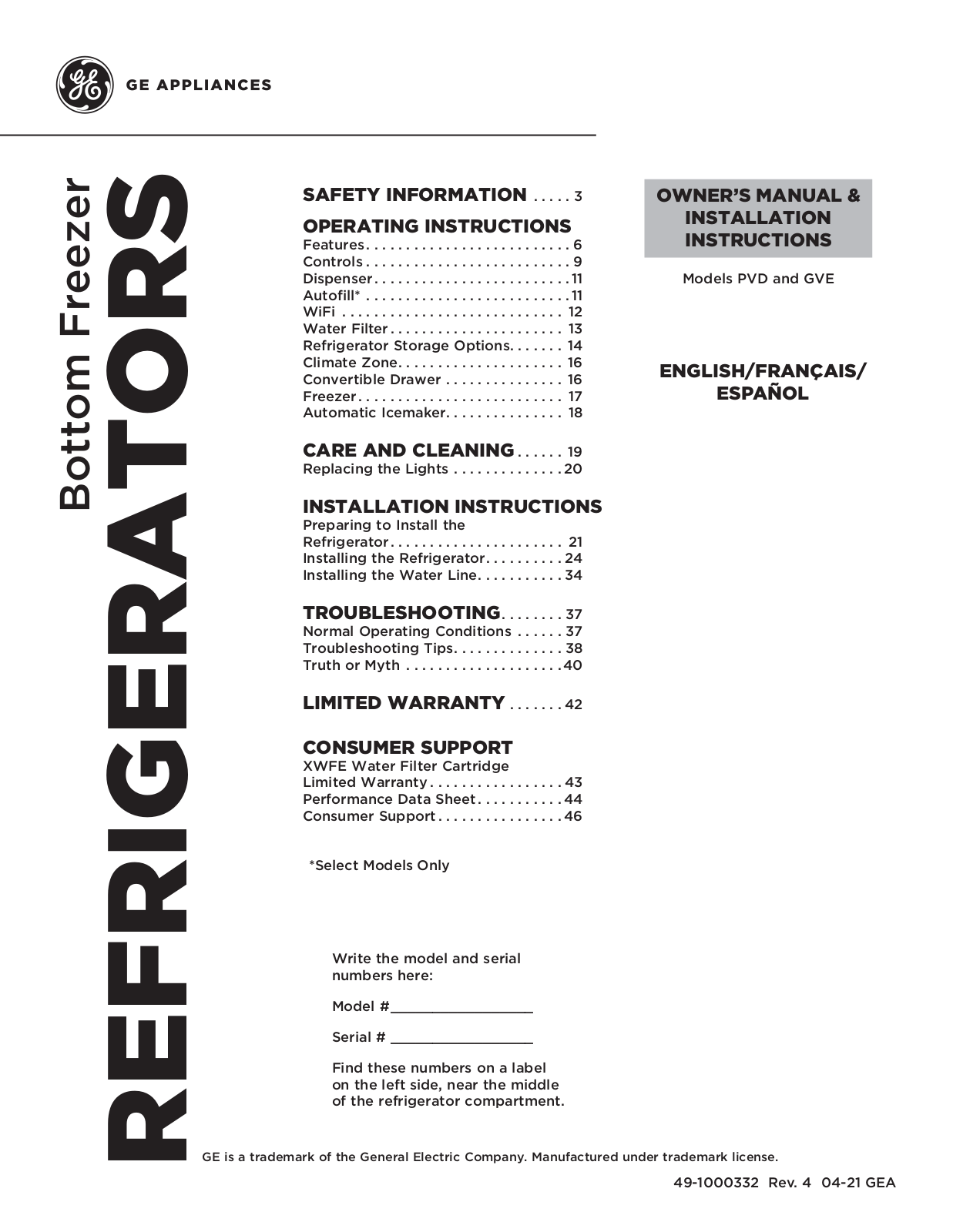 GE PVD, GVE Owner’s Manual & Installation Instructions