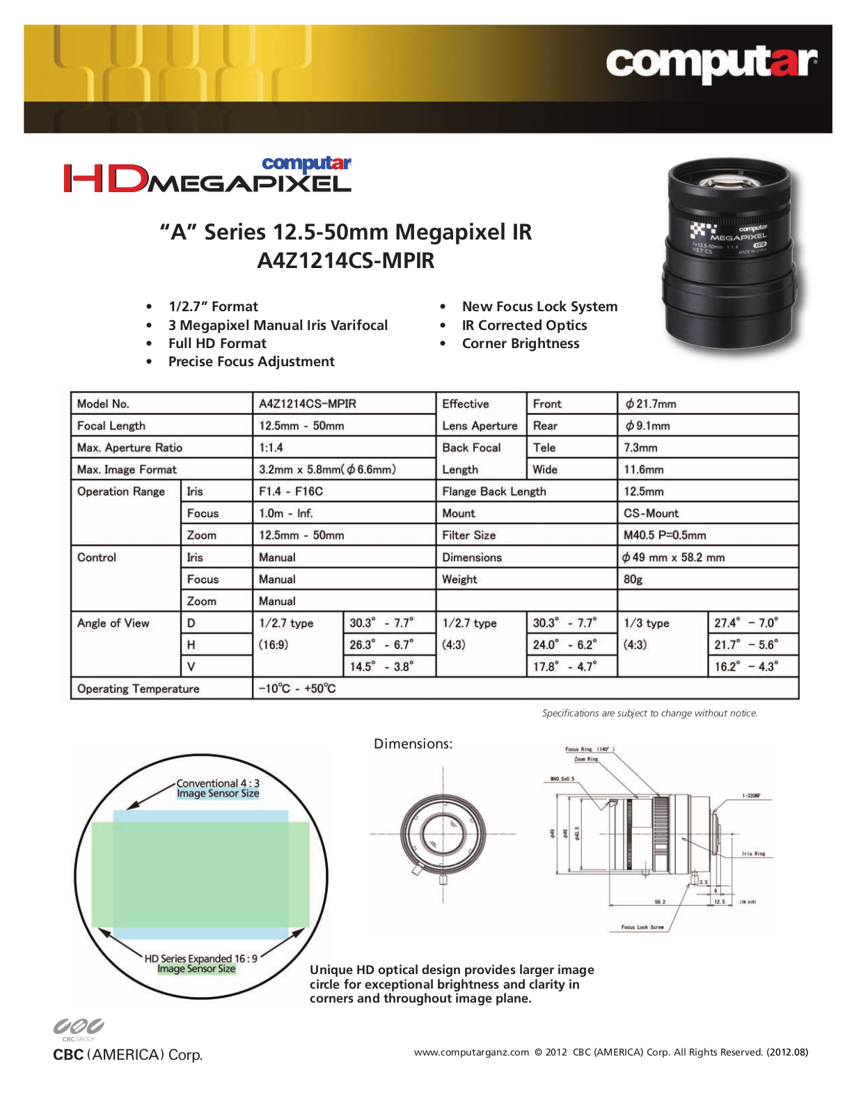 Computar A4Z1214CS-MPIR Specsheet