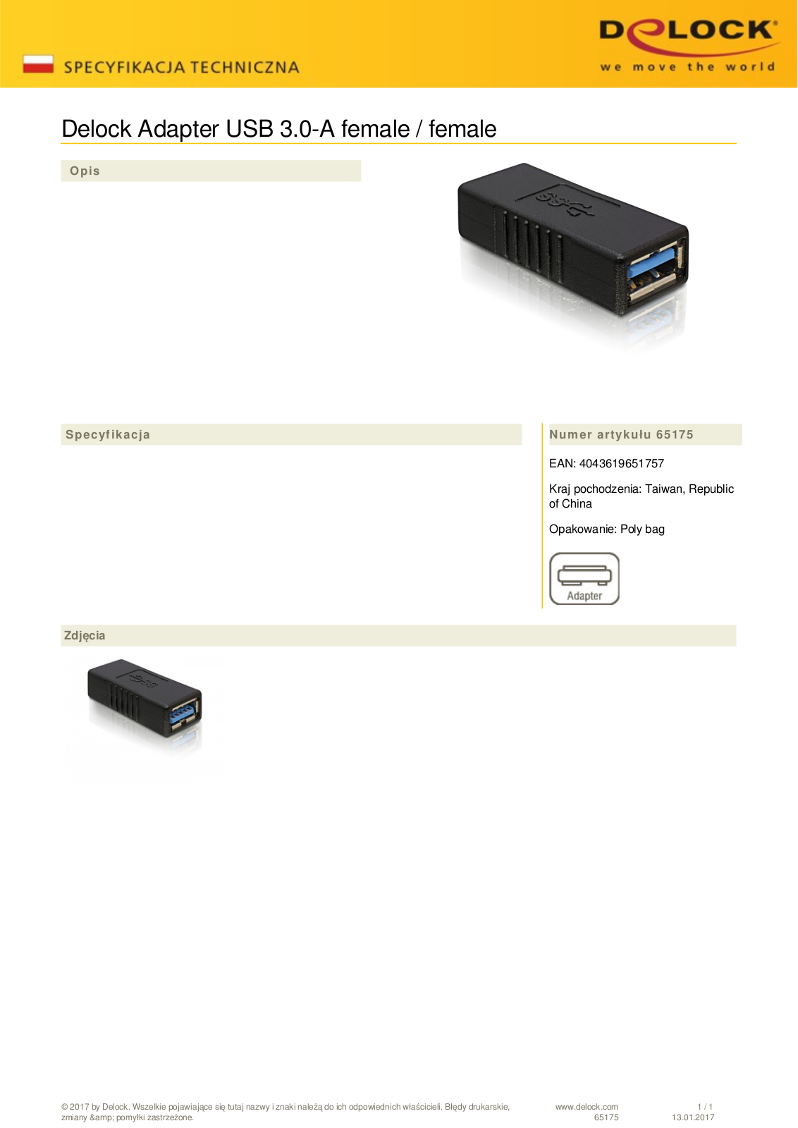 DeLOCK USB 3.0 adapter, USB-A  socket  to USB-A  socket User Manual