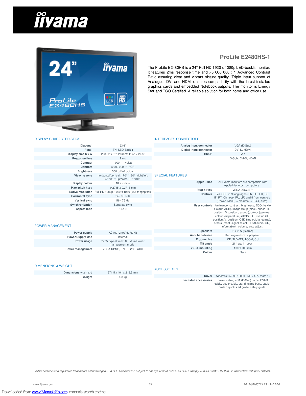 Iiyama ProLite E2480HS-1 Specification