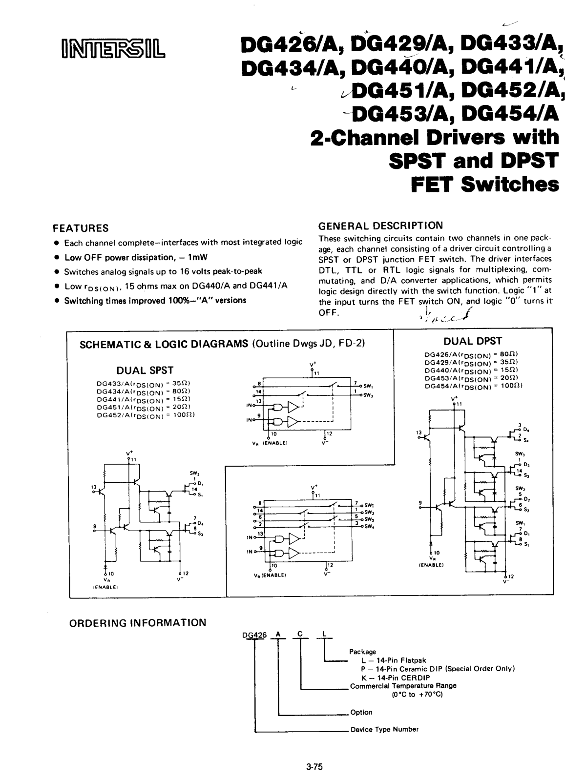 intersil DG426, DG426A, DG429, DG429A, DG433 User Manual