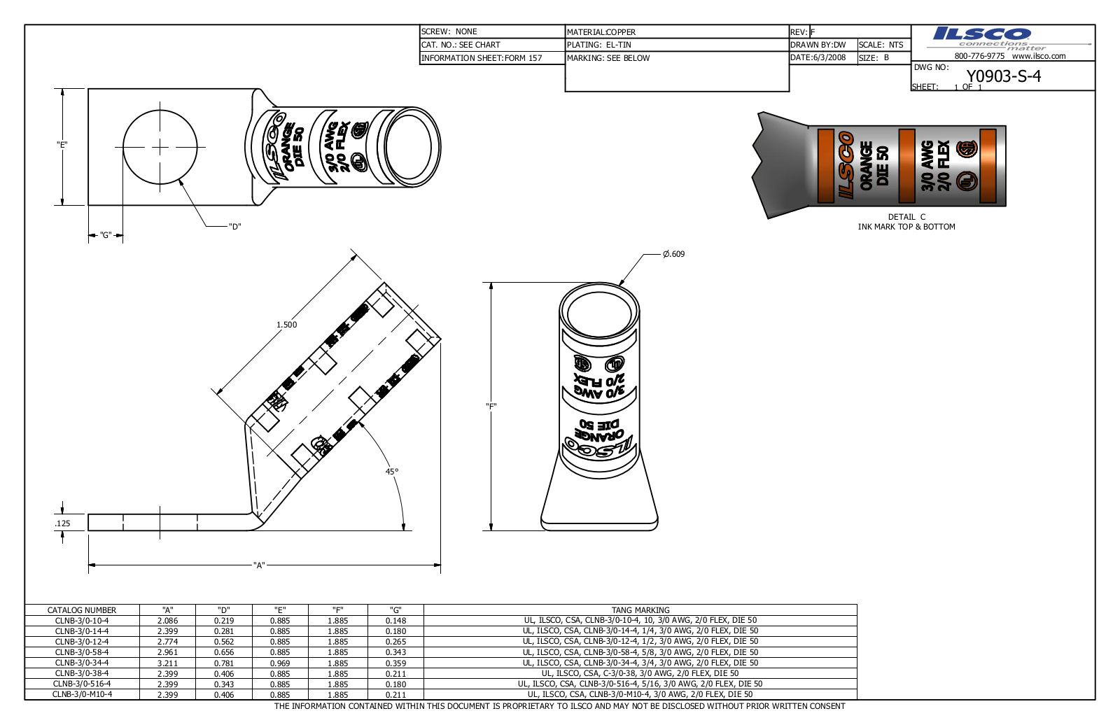 Ilsco CLNB-3/0-38-4 Data sheet