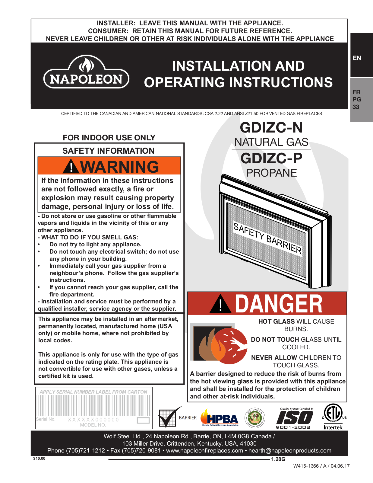 Napoleon GDIZCNSB Installation Manual