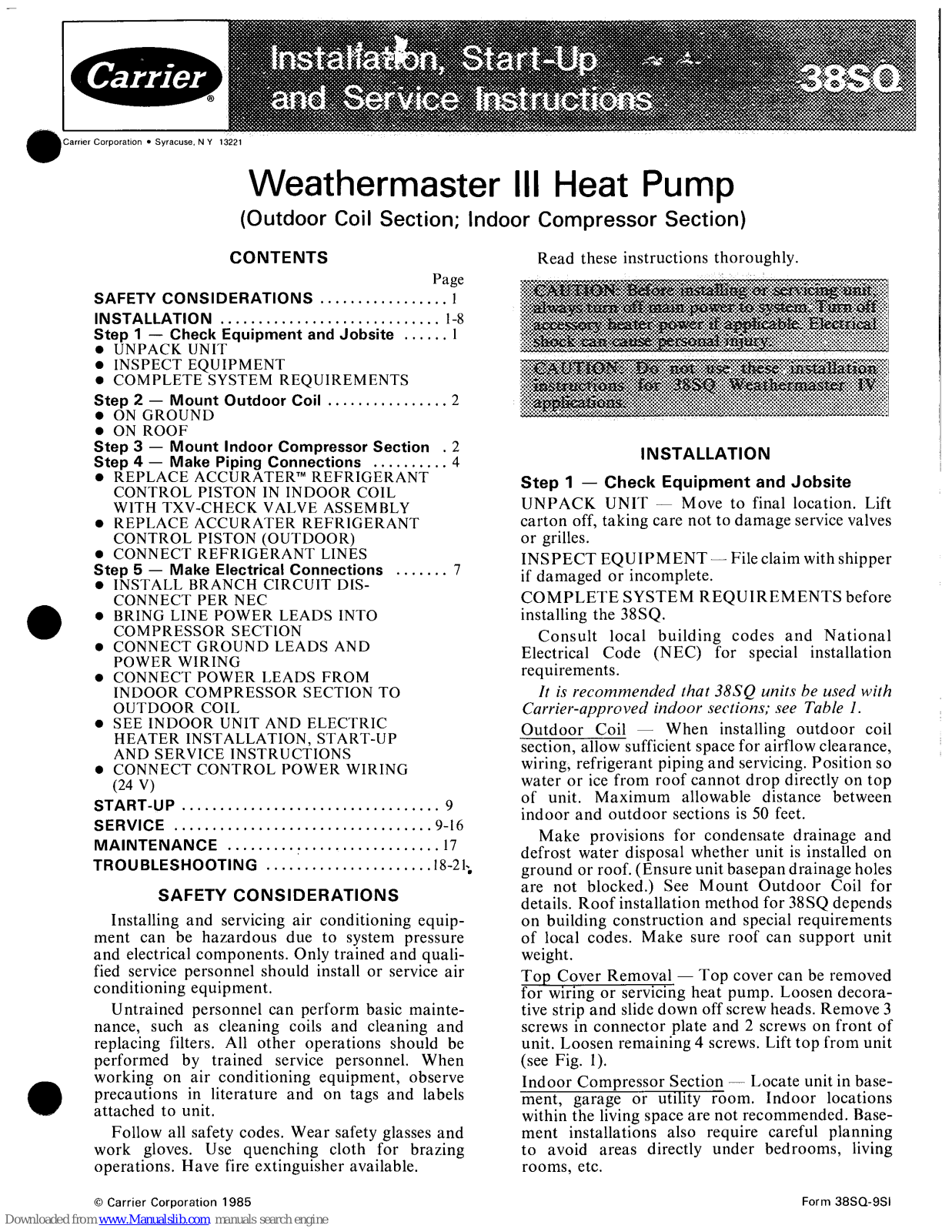 Carrier 38SQ024, 38SQ, 38SQ030, 38SQ036, 38SQ042 Installation Instructions Manual