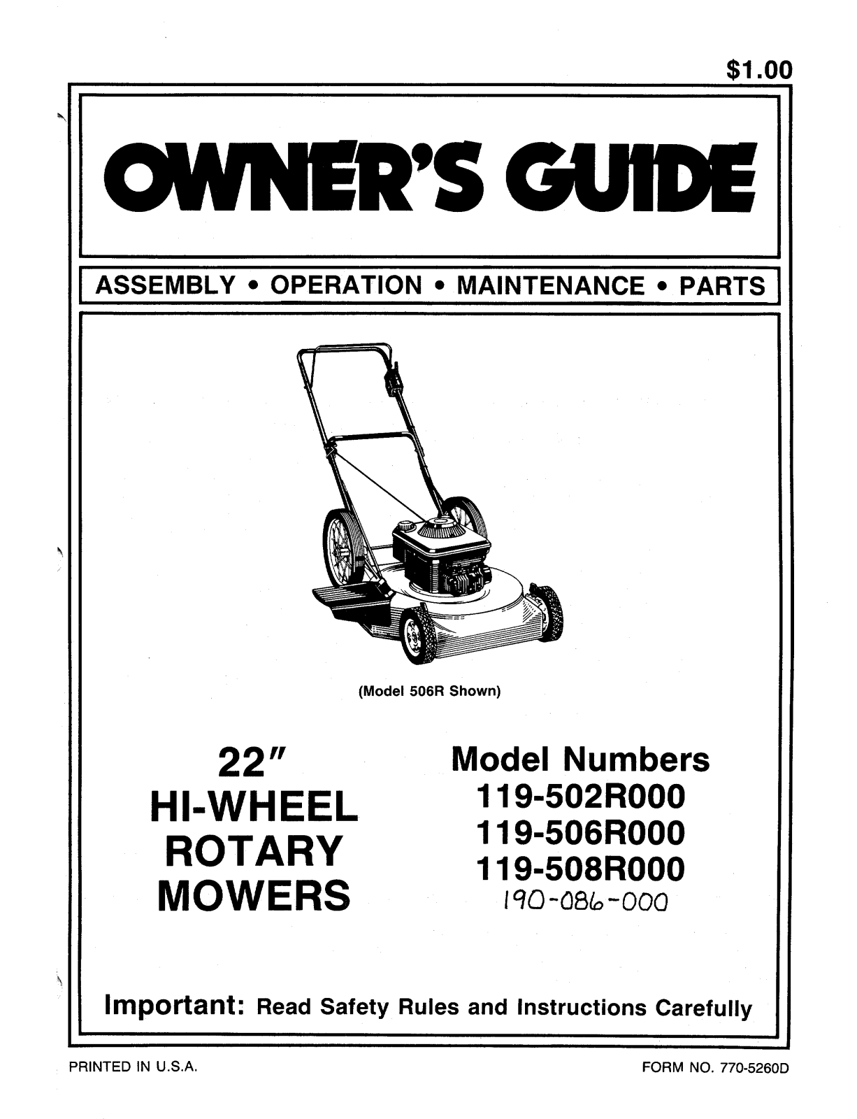 MTD 119-508R000, 119-502R000, 119-506R000 User Manual