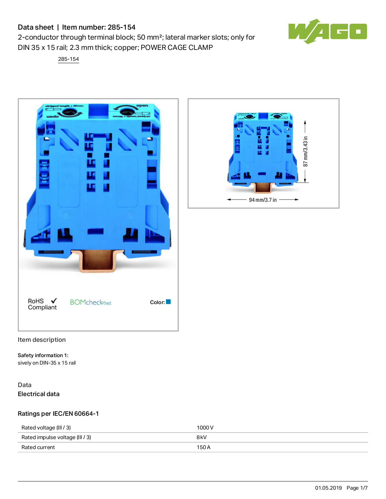 Wago 285-154 Data Sheet