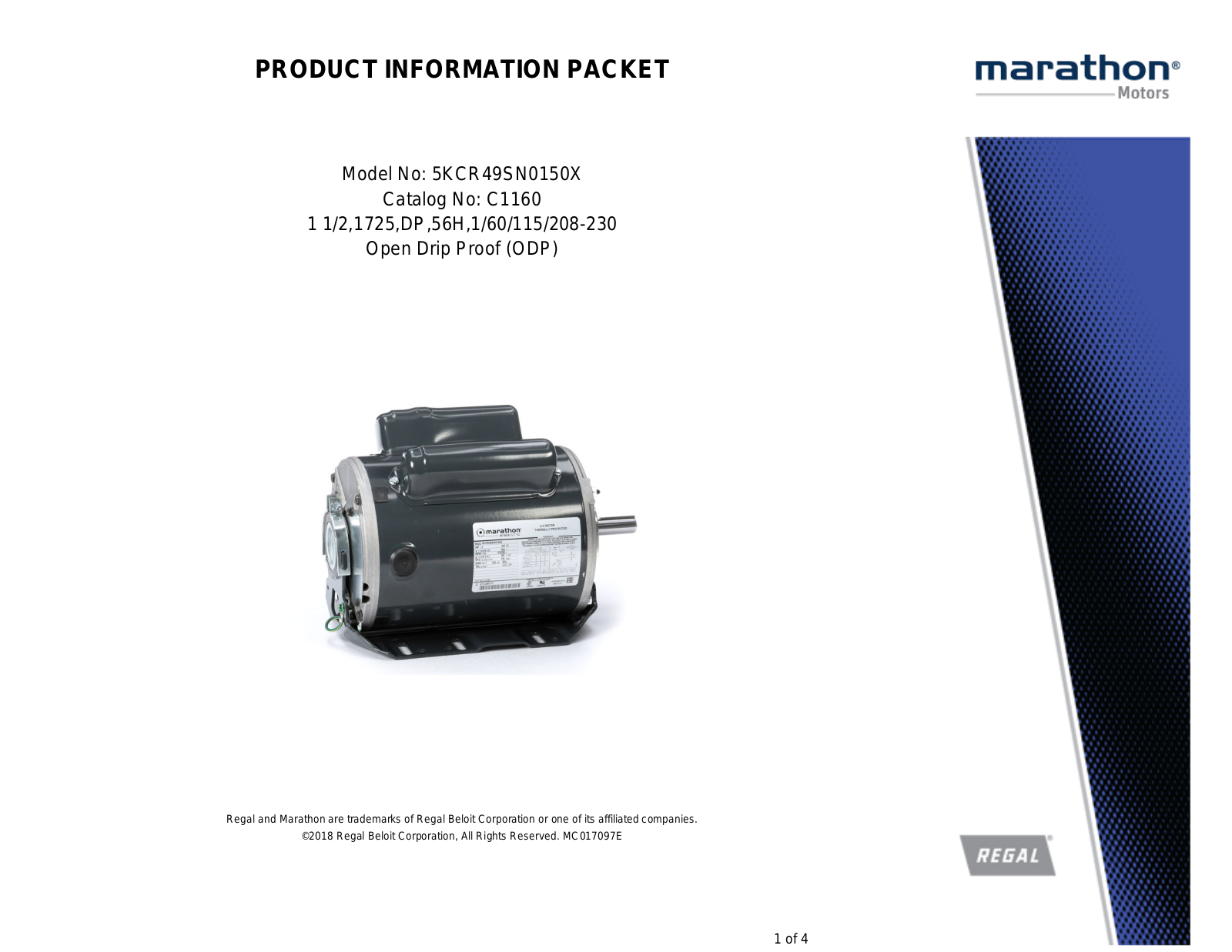 Marathon Electric 5KCR49SN0150X Product Information Packet