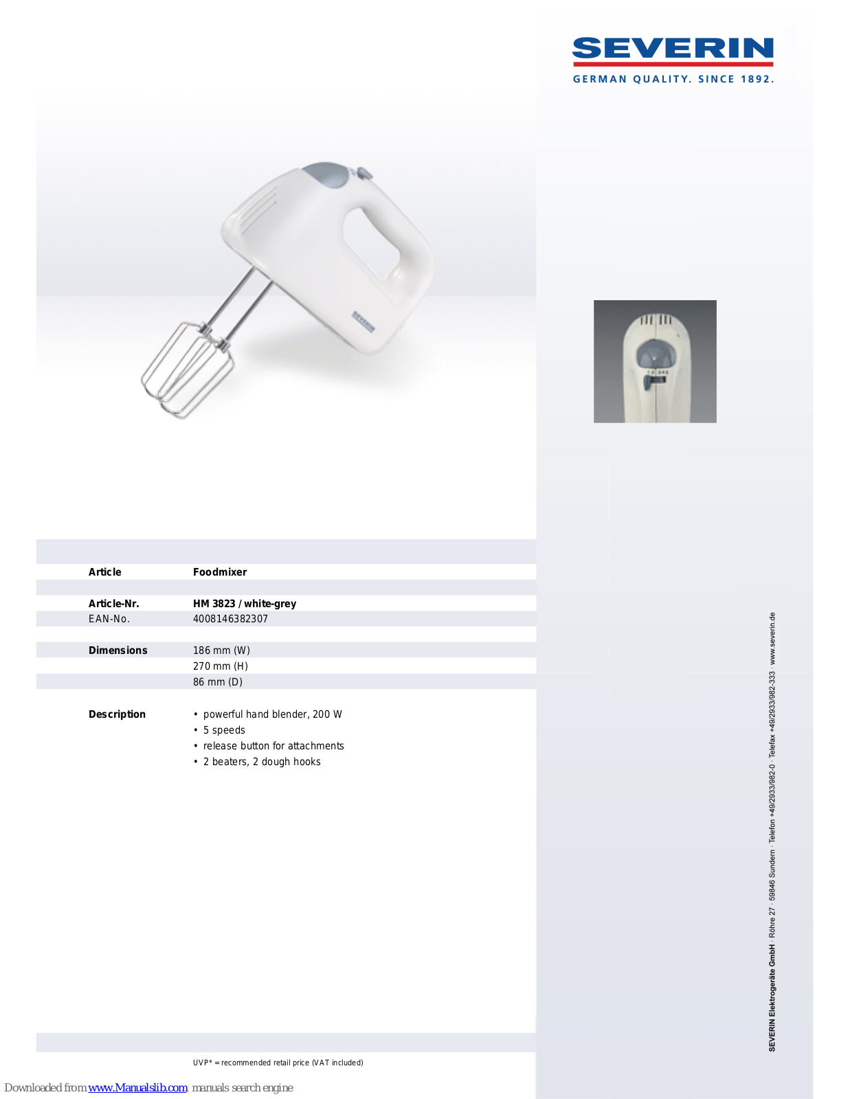 SEVERIN HM 3823,HM 3823 Dimensions