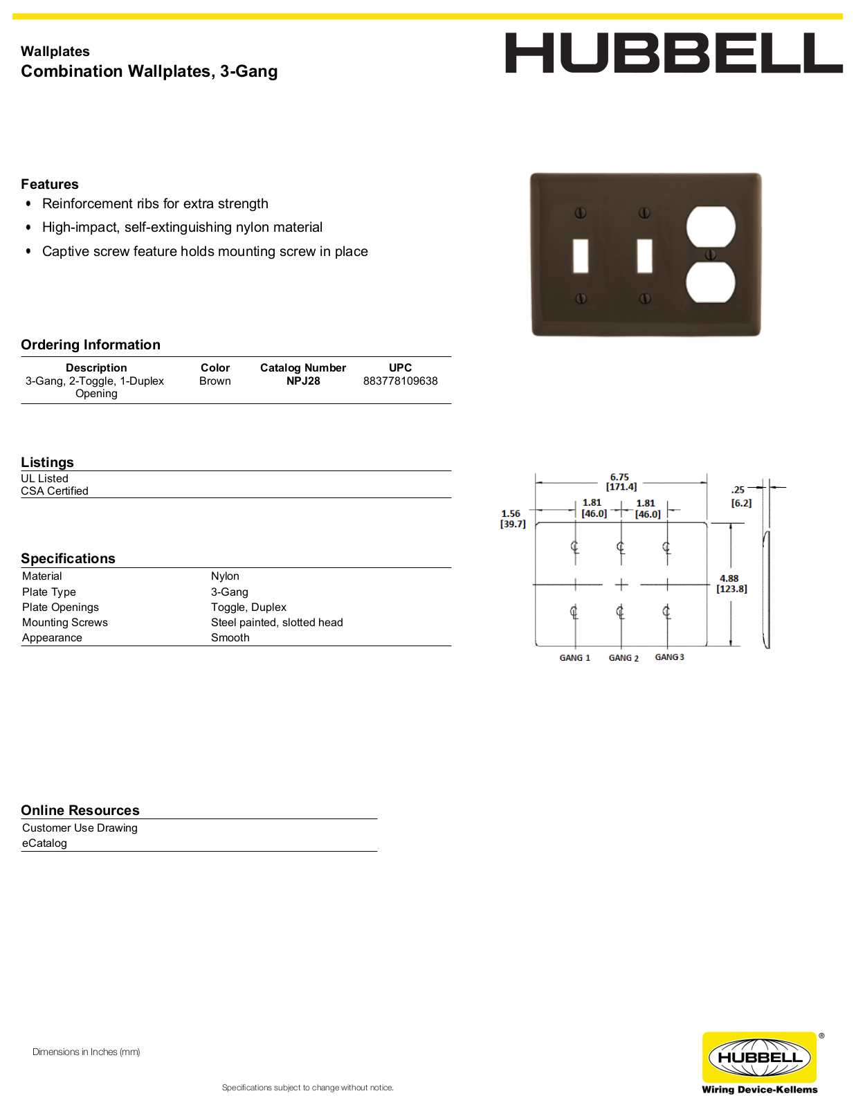 Hubbell NPJ28 Specifications