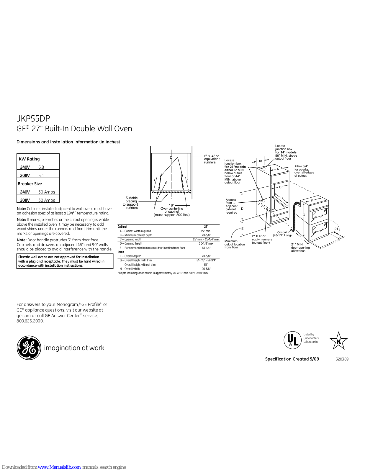 GE JKP55DPBB, JKP55DPWW, JKP55DPCC Dimensions And Installation Information